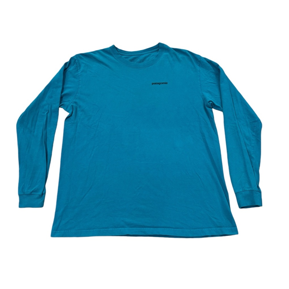 Patagonia P6 Long Sleeve Spellout Shirt Mens Large Teal Blue Double Sided